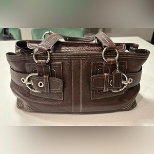 Coach Dark Brown Hampton Pebbled Leather Tote with Silver Hardware